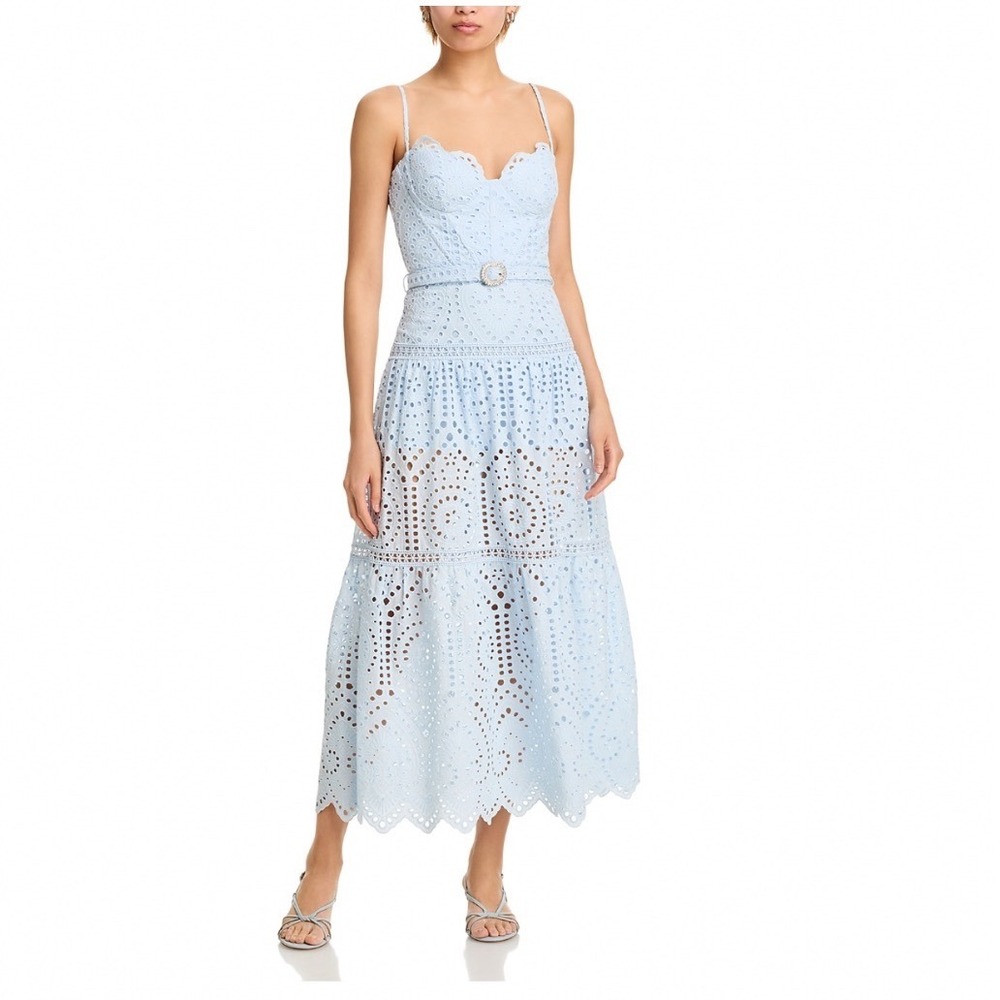 Generation Love Zuria Cotton Eyelet Maxi Dress Opal Blue Rhinestone Belt Size 6